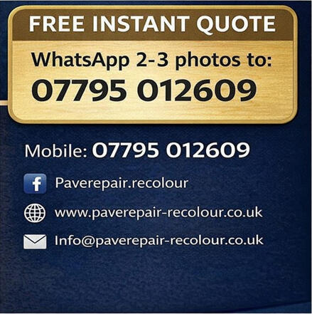 PaveRepair-Recolour contact information showing WhatsApp number 07795 012609, email, and website for driveway and patio restoration services in South East London and Kent.