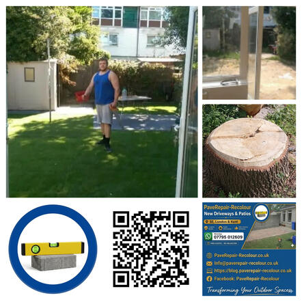PaveRepair-Recolour contact information showing WhatsApp number 07795 012609, email, and website for driveway and patio restoration services in South East London and Kent.