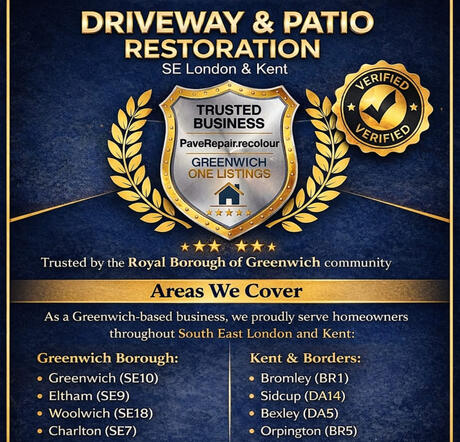 PaveRepair-Recolour service area map and verified business credentials for driveway and patio restoration in SE9 Eltham, SE10 Greenwich, BR1 Bromley, and DA14 Sidcup