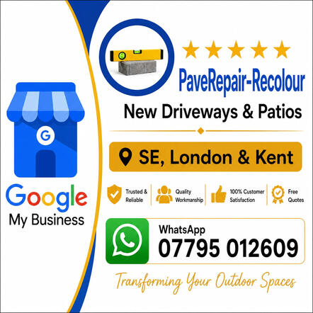 PaveRepair-Recolour | 5-Star Google Verified Local Business PaveRepair-Recolour verified Google Business Profile showing 5-star customer reviews for paving repairs and driveway installation