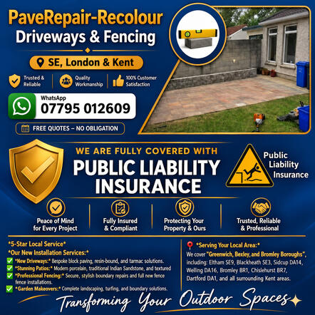 PaveRepair-Recolour | Fully Insured Exterior Property Specialists London & Kent PaveRepair-Recolour public liability insurance certificate verification for driveway restoration fencing and landscaping services in South East London and Kent.