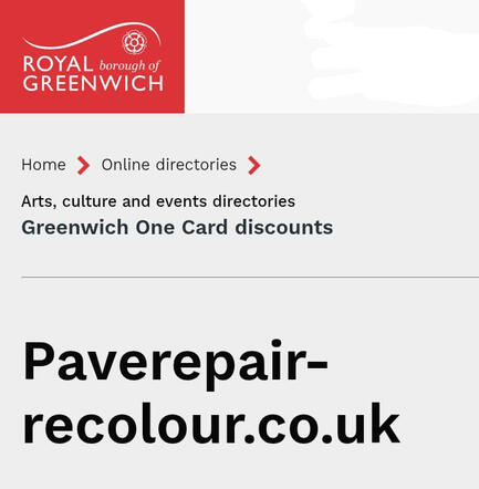 Verified Royal Borough of Greenwich Business PaveRepair-Recolour official listing on the Royal Borough of Greenwich business directory and Greenwich One Card discount provider.