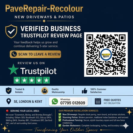 Read our 5-star customer reviews on Trustpilot for paving repairs, new driveways, and fencing in South East London & Kent. PaveRepair-Recolour official Trustpilot review page showing a scan QR code to leave a review for driveway, patio, and fencing services in Eltham SE9.