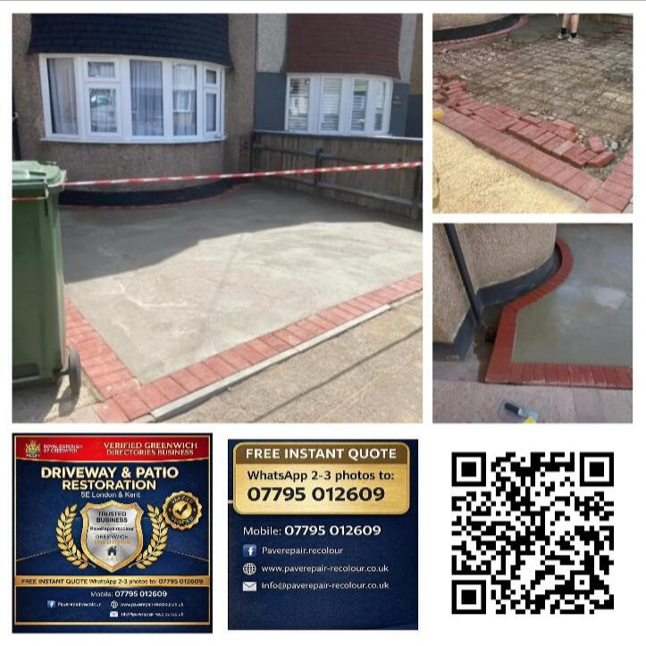 Reinforced Concrete Driveway with Red Paving Double Border Expert installation of a reinforced concrete driveway featuring a decorative red block paving double border in South East London by PaveRepair-Recolour.