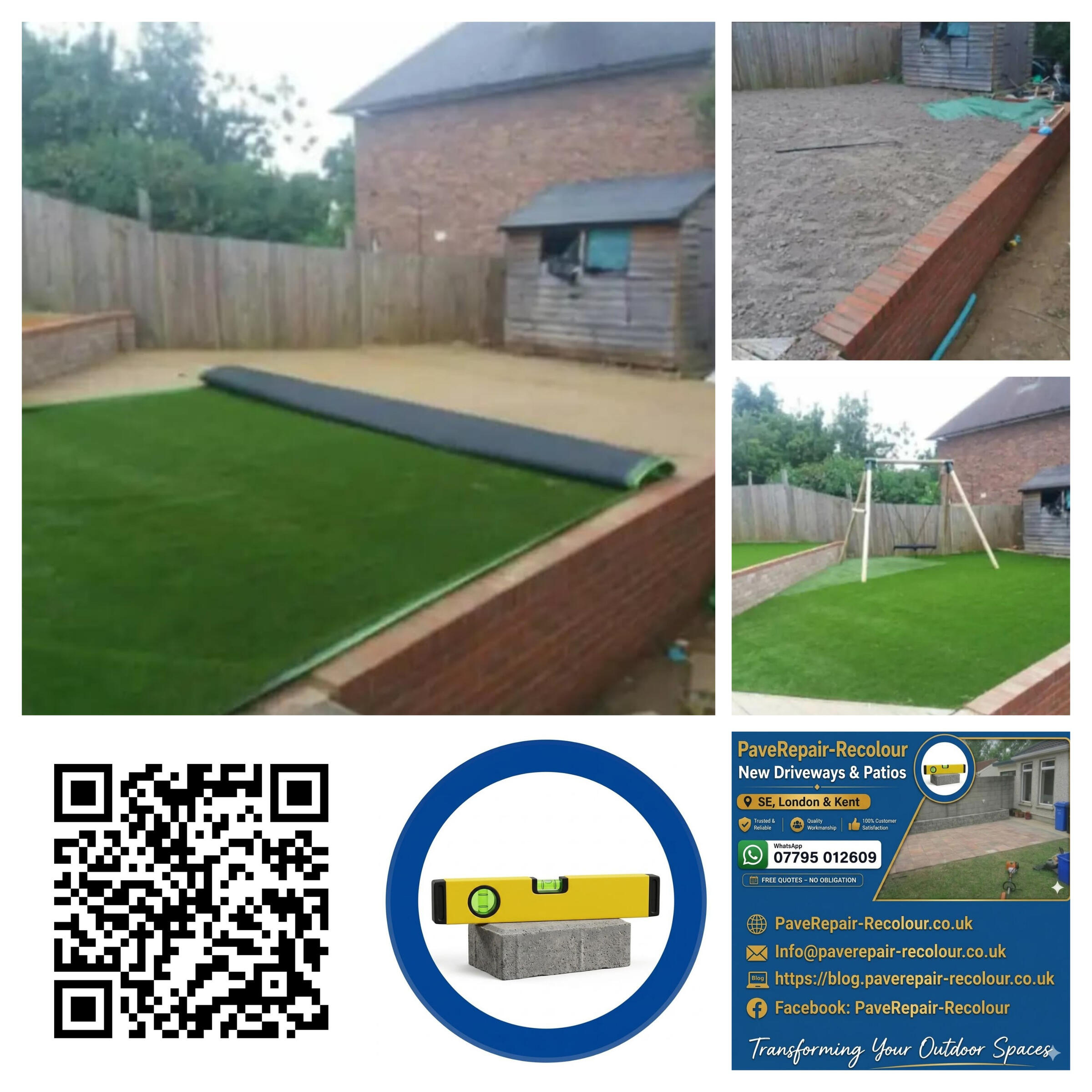 Complete Garden Transformation & Artificial Grass Installation Professional garden landscaping in Kent featuring artificial grass installation, new paving, and garden border repairs by PaveRepair-Recolour.