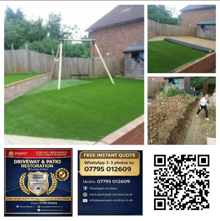 Professional garden landscaping in Kent featuring artificial grass installation, new paving, and garden border repairs by PaveRepair-Recolour.