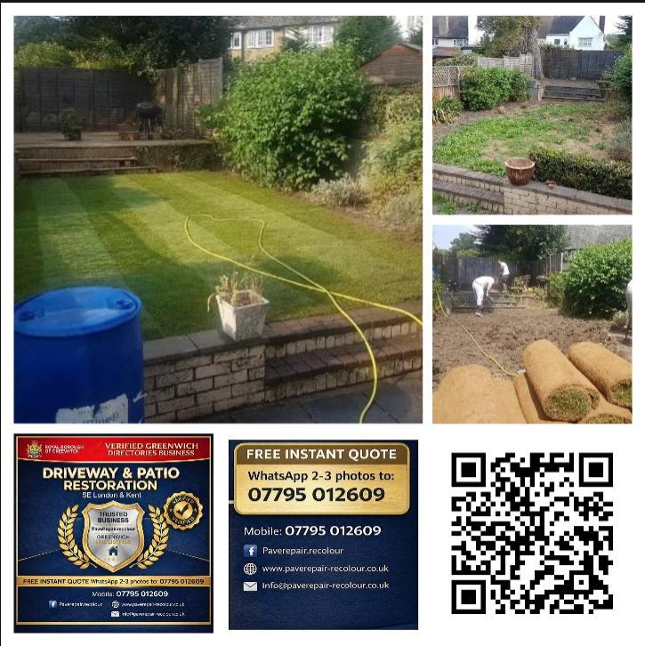 High-quality garden restoration in South East London featuring fresh lawn turf installation and garden edging by PaveRepair-Recolour