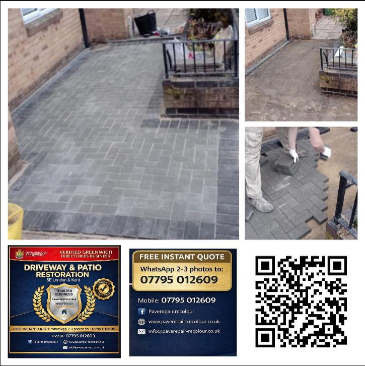 Driveway Restoration & Block Paving Repair Collage showing the process of lifting, leveling, and cleaning a block paving driveway with a QR code for PaveRepair-Recolour.