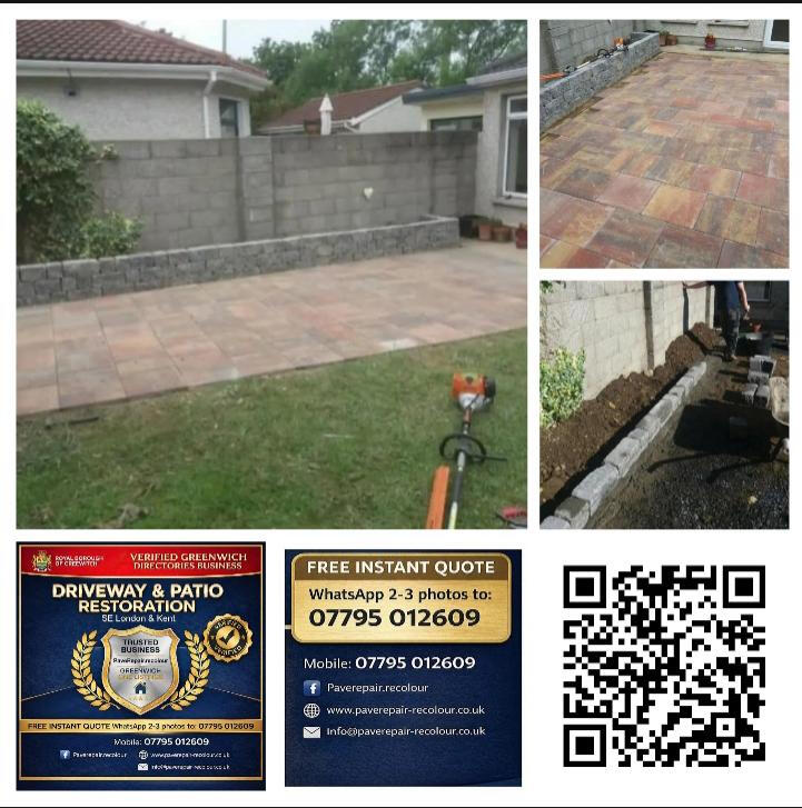 Collage showing a restored block patio and expert concrete boundary repairs for a garden in South East London by PaveRepair-Recolour.