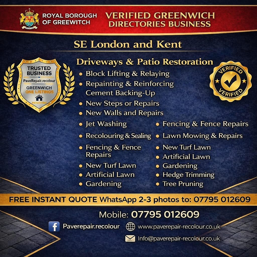 Professional driveway and patio restoration services in South East London and Kent. Services include block lifting, jet washing, recolouring, sealing, fencing repairs, turfing, and garden maintenance. Verified Greenwich Directory Business PaveRepair-Recolo