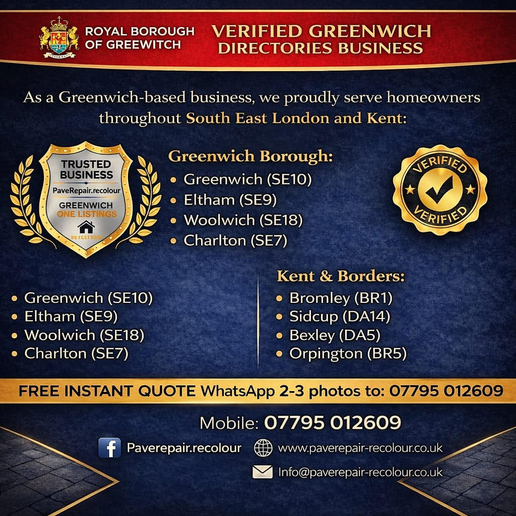 driveway-restoration-areas-covered-greenwich-london.jpg List of service areas for PaveRepair-Recolour driveway restoration including Greenwich SE10, Eltham SE9, Bromley BR1, and Bexley DA5. Verified Royal Borough of Greenwich business.