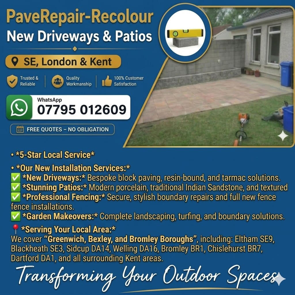 driveway-restoration-areas-covered-greenwich-london.jpg List of service areas for PaveRepair-Recolour driveway restoration including Greenwich SE10, Eltham SE9, Bromley BR1, and Bexley DA5. Verified Royal Borough of Greenwich business.
